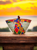 Woven Palm Reed Basket with Ankara Kitenge Fabric | African Kiondo Leather Trim Tote | Kenyan Artisan Gift | Ships from Germany