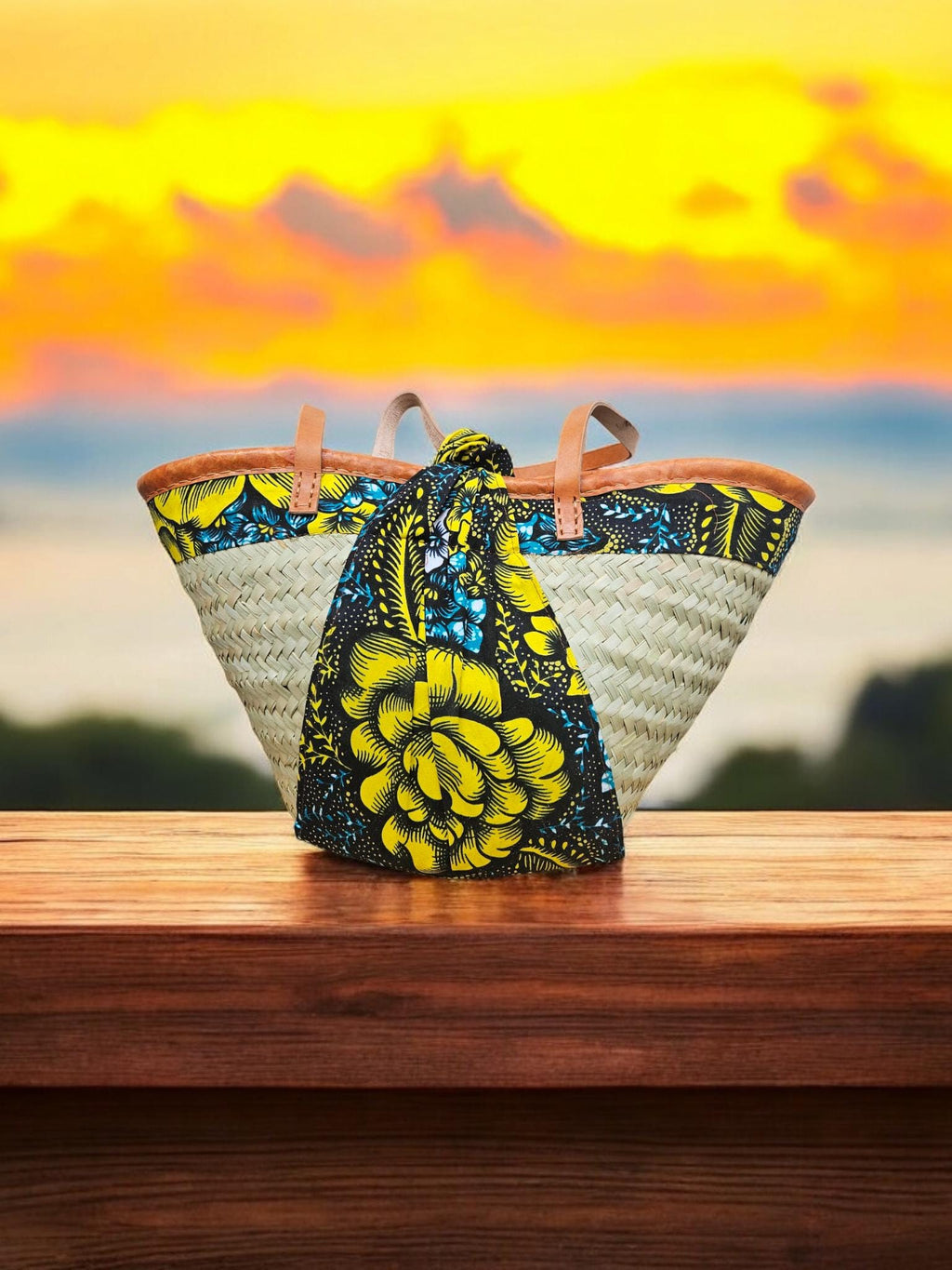 Woven Palm Reed Basket with Ankara Kitenge Fabric | African Kiondo Leather Trim Tote | Kenyan Artisan Gift | Ships from Germany