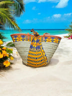 Woven Palm Reed Basket with Ankara Kitenge Fabric | African Kiondo Leather Trim Tote | Kenyan Artisan Gift | Ships from Germany