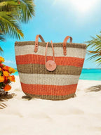 Handwoven Sisal Kiondo Beach Tote | African Sisaltasche Einkaufskorb | Leather Strap Basket Bag | Summer Women | Ships from Germany