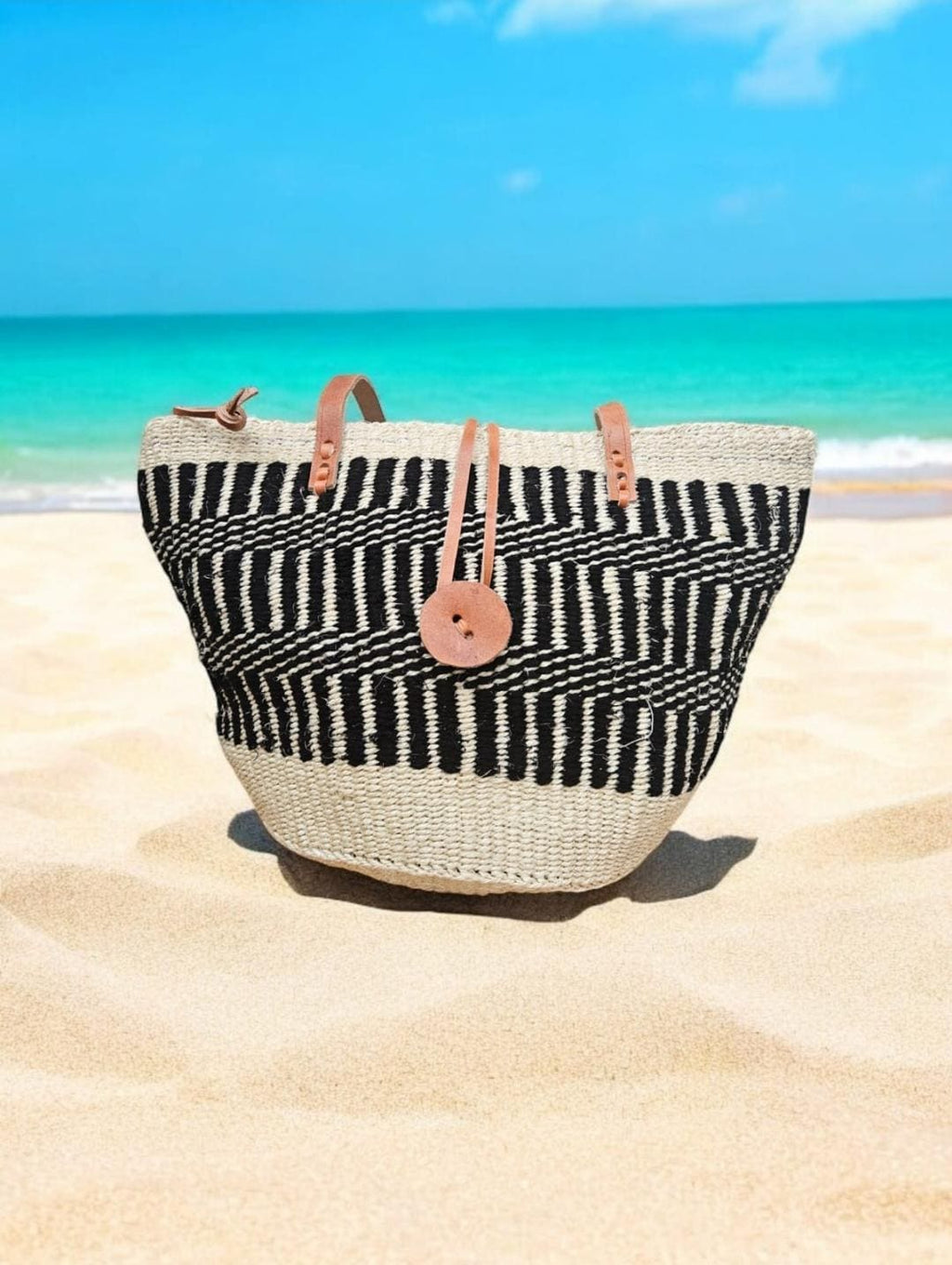 Handwoven Sisal Kiondo Beach Tote | African Sisaltasche Einkaufskorb | Leather Strap Basket Bag | Summer Women | Ships from Germany