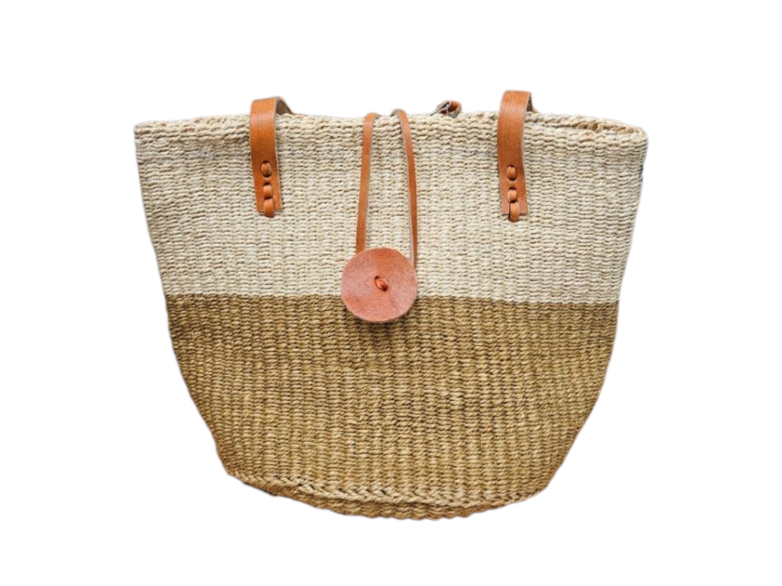 Handwoven Sisal Kiondo Beach Tote | African Sisaltasche Einkaufskorb | Leather Strap Basket Bag | Summer Women | Ships from Germany