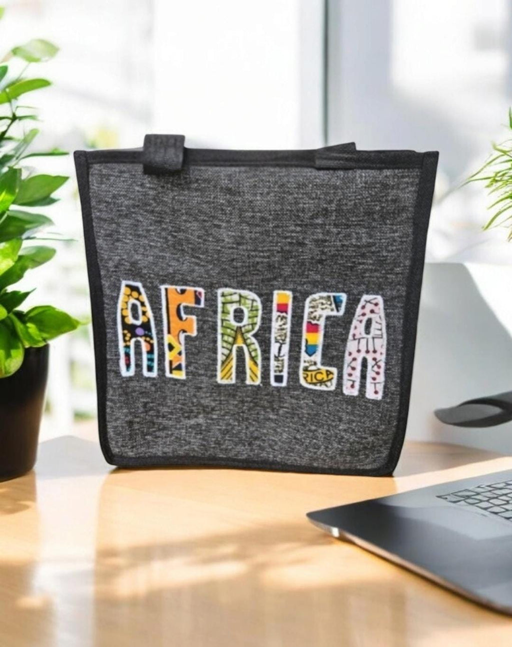 African Print Bag | Embroidered Africa Silhouette Work Bag | Kitenge Laptop Tote | Handmade Tanzania | Ships from Germany
