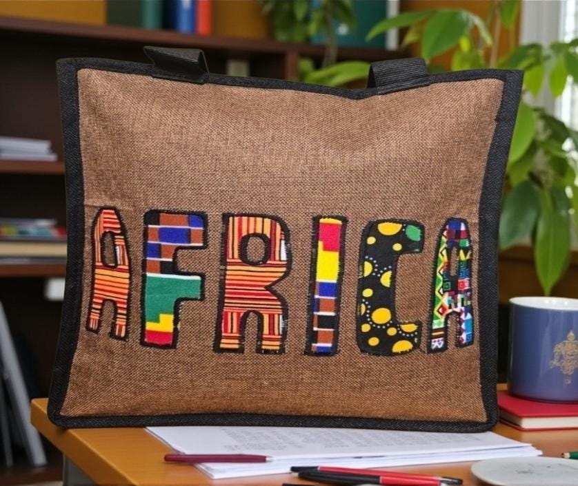 African Print Bag | Embroidered Africa Silhouette Work Bag | Kitenge Laptop Tote | Handmade Tanzania | Ships from Germany