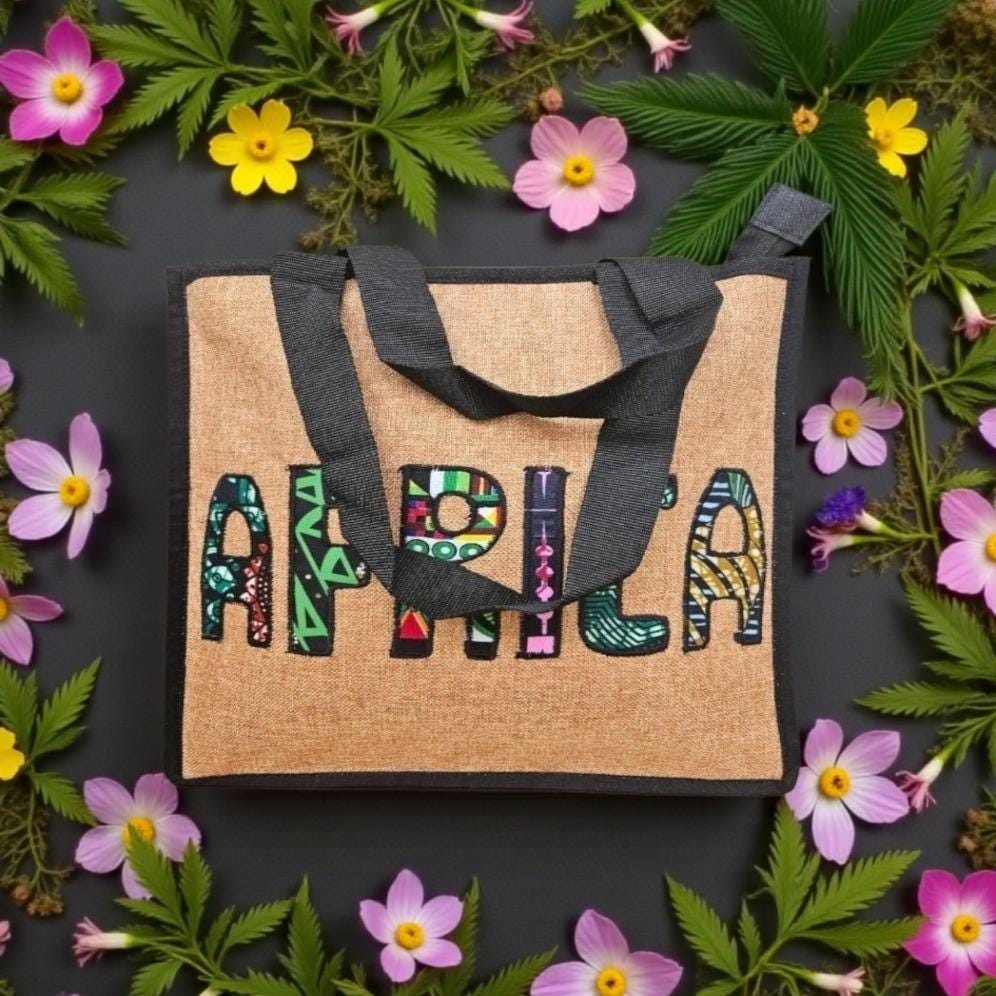 African Print Bag | Embroidered Africa Silhouette Work Bag | Kitenge Laptop Tote | Handmade Tanzania | Ships from Germany