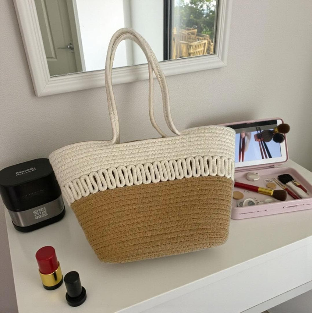 Handwoven Cotton Rope Tote Bag | Boho Coastal Shoulder Bag | Strand Geflochtene Tasche | Straw Beach Bags | Flechttaschen Ships from Germany