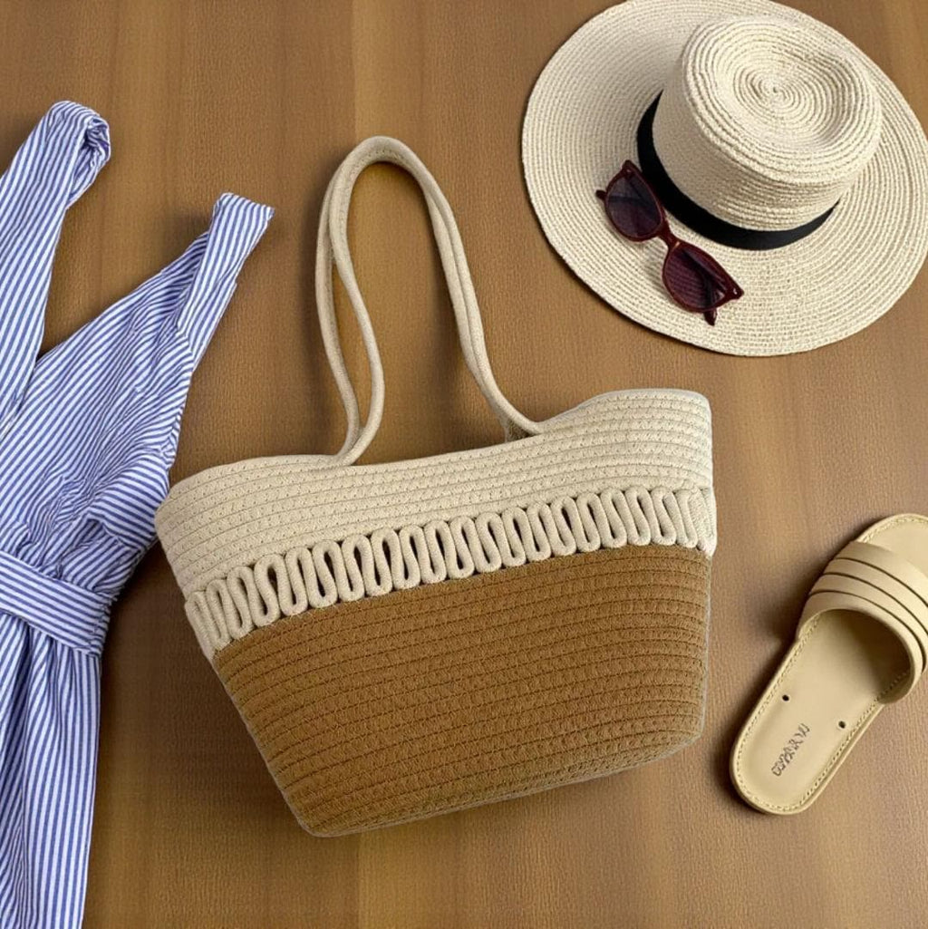Handwoven Cotton Rope Tote Bag | Boho Coastal Shoulder Bag | Strand Geflochtene Tasche | Straw Beach Bags | Flechttaschen Ships from Germany