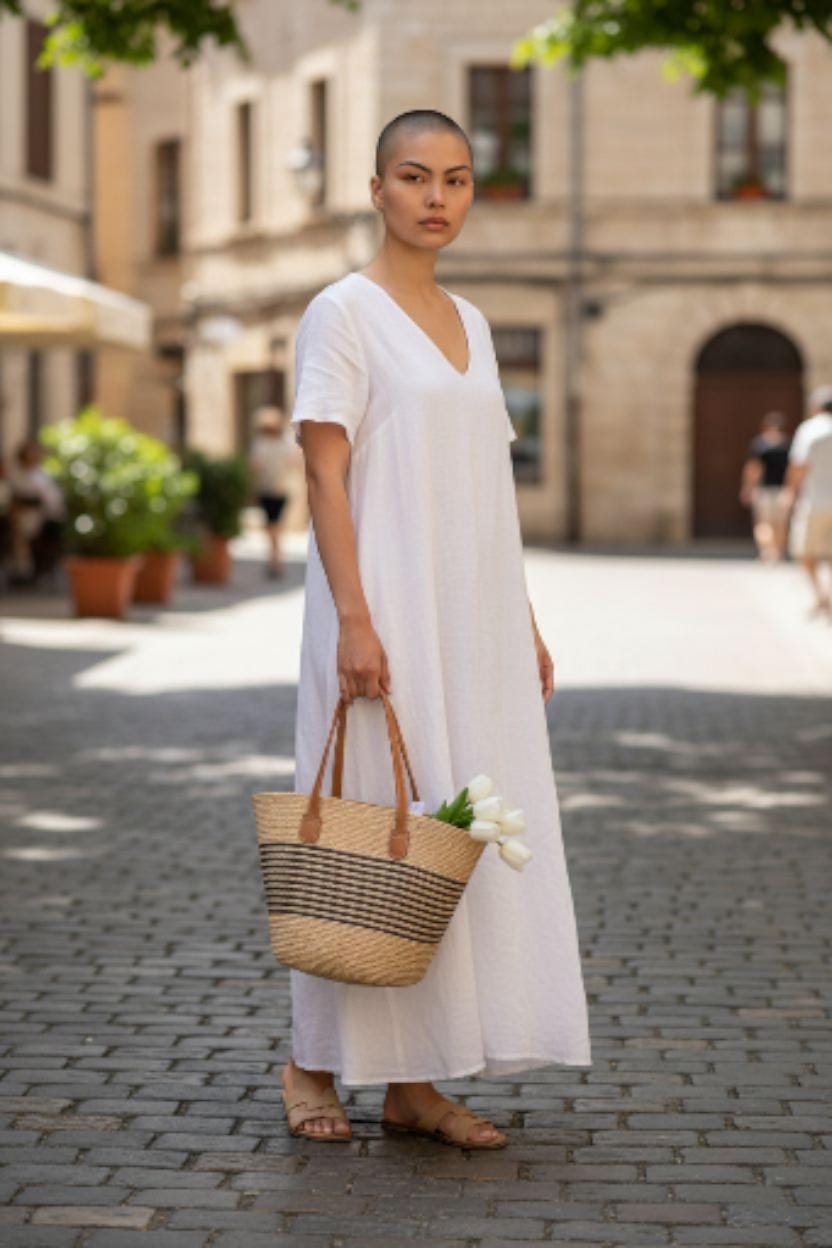 Straw Bag for Women | Striped Woven Straw Beach Tote Bag | Flechttasche | Optional Matching Visor Foldable Hat Set | Ships from Germany