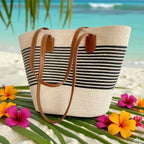 Straw Bag for Women | Striped Woven Straw Beach Tote Bag | Flechttasche | Optional Matching Visor Foldable Hat Set | Ships from Germany