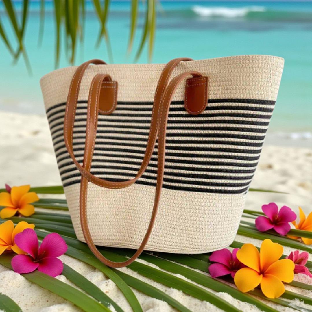 Straw Bag for Women | Striped Woven Straw Beach Tote Bag | Flechttasche | Optional Matching Visor Foldable Hat Set | Ships from Germany