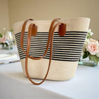 Straw Bag for Women | Striped Woven Straw Beach Tote Bag | Flechttasche | Optional Matching Visor Foldable Hat Set | Ships from Germany