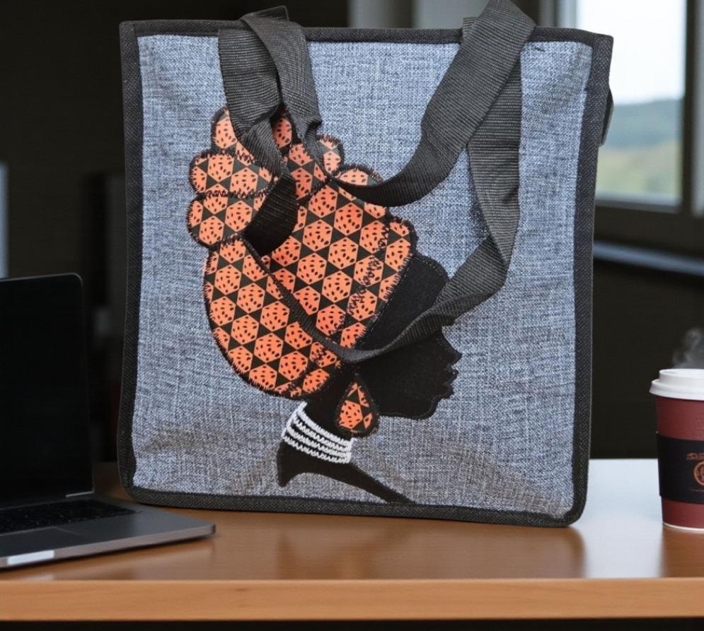African Print Bag | Embroidered Africa Silhouette Work Bag | Kitenge Laptop Tote | Handmade Tanzania | Ships from Germany