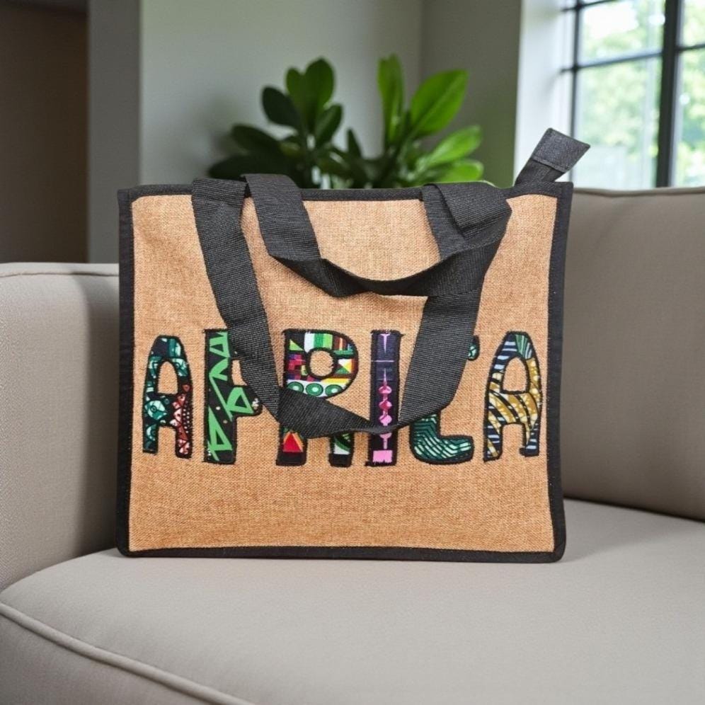 African Print Bag | Embroidered Africa Silhouette Work Bag | Kitenge Laptop Tote | Handmade Tanzania | Ships from Germany