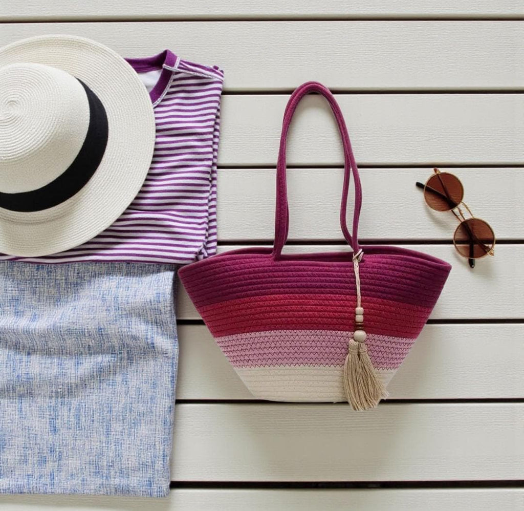 Beach Bag Cotton Rope | Gradient ToteBag with Tassel | Handwoven Flechttasche | Boho-Beach Carryall | Summer Purse Women |Ships from Germany