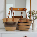 Straw Bag for Women | Striped Woven Straw Beach Tote Bag | Flechttasche | Optional Matching Visor Foldable Hat Set | Ships from Germany