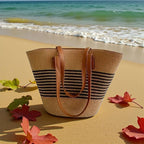 Straw Bag for Women | Striped Woven Straw Beach Tote Bag | Flechttasche | Optional Matching Visor Foldable Hat Set | Ships from Germany