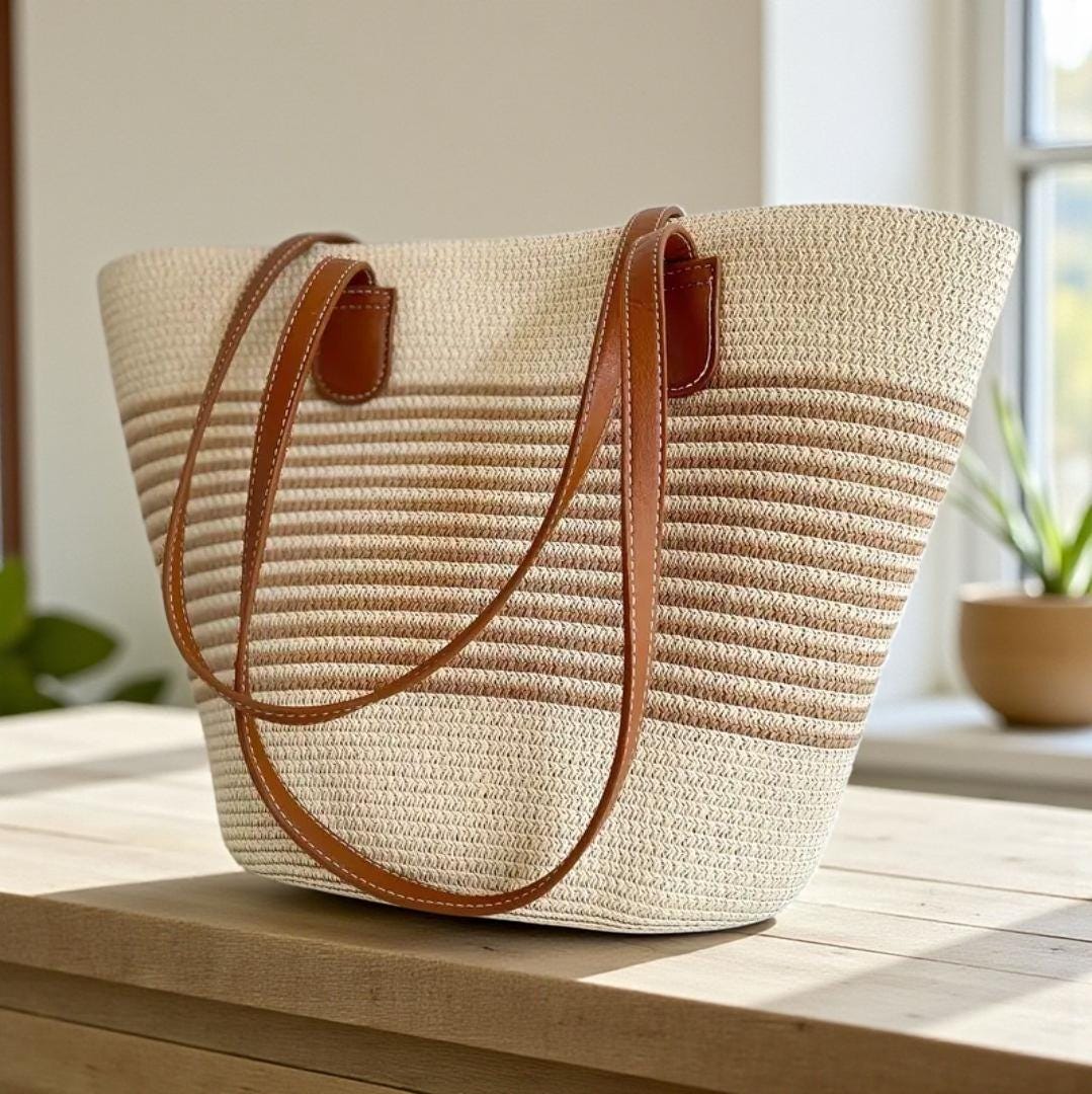 Straw Bag for Women | Striped Woven Straw Beach Tote Bag | Flechttasche | Optional Matching Visor Foldable Hat Set | Ships from Germany