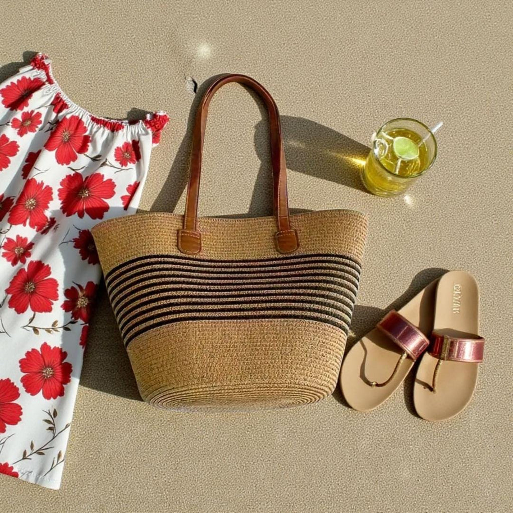 Straw Bag for Women | Striped Woven Straw Beach Tote Bag | Flechttasche | Optional Matching Visor Foldable Hat Set | Ships from Germany