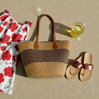 Straw Bag for Women | Striped Woven Straw Beach Tote Bag | Flechttasche | Optional Matching Visor Foldable Hat Set | Ships from Germany