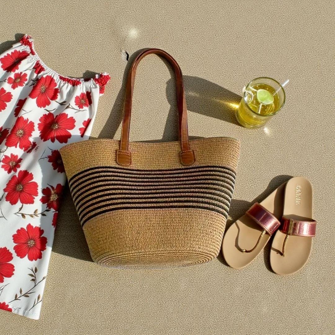 Straw Bag for Women | Striped Woven Straw Beach Tote Bag | Flechttasche | Optional Matching Visor Foldable Hat Set | Ships from Germany