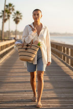 Straw Bag for Women | Striped Woven Straw Beach Tote Bag | Flechttasche | Optional Matching Visor Foldable Hat Set | Ships from Germany