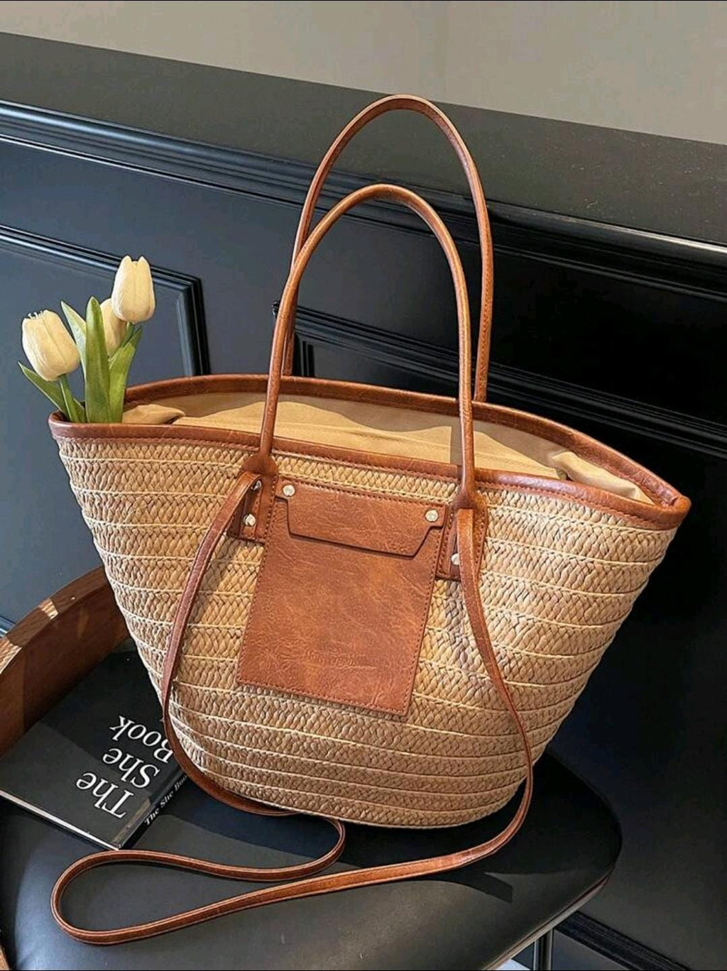 Large Capacity Khaki Woven Tote Bag | Palm Straw Summer Bag for Women | Flechttasche | Beach Vacation Shoulder Handbag | Ships from Germany