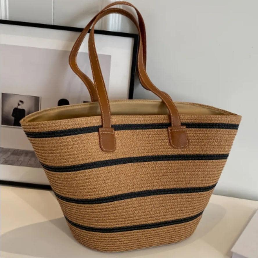 Straw Bag for Women | Striped Woven Straw Beach Tote Bag | Flechttasche | Optional Matching Visor Foldable Hat Set | Ships from Germany