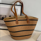 Straw Bag for Women | Striped Woven Straw Beach Tote Bag | Flechttasche | Optional Matching Visor Foldable Hat Set | Ships from Germany