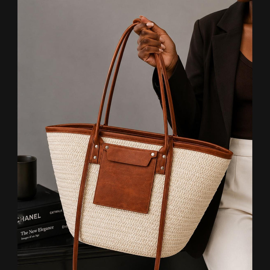 Large Capacity Cream Woven Tote Bag | Palm Straw Summer Bag for Women | Flechttasche | Beach Vacation Natural Braided Raffia Straw-Handbag