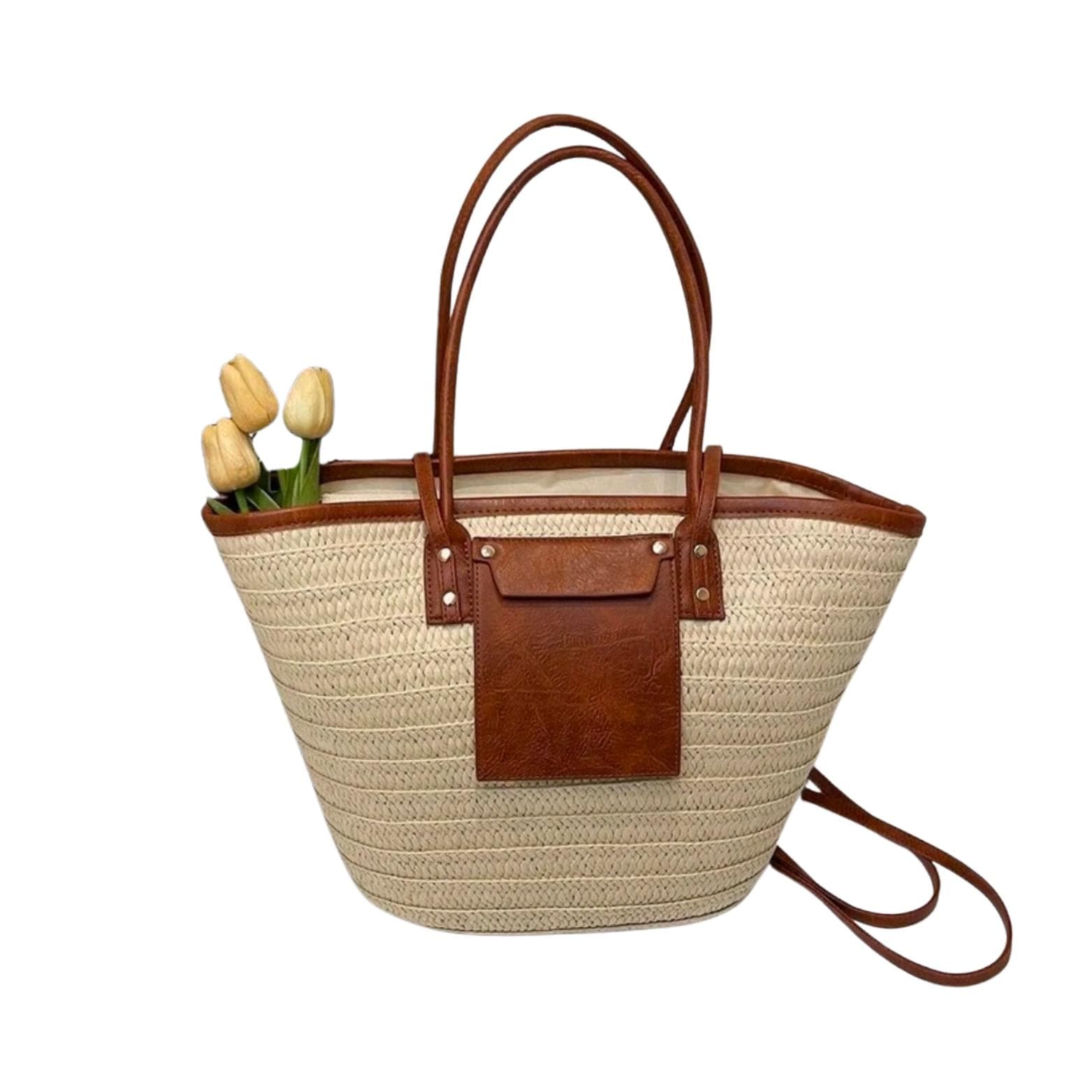 Large Capacity Cream Woven Tote Bag | Palm Straw Summer Bag for Women | Flechttasche | Beach Vacation Natural Braided Raffia Straw-Handbag