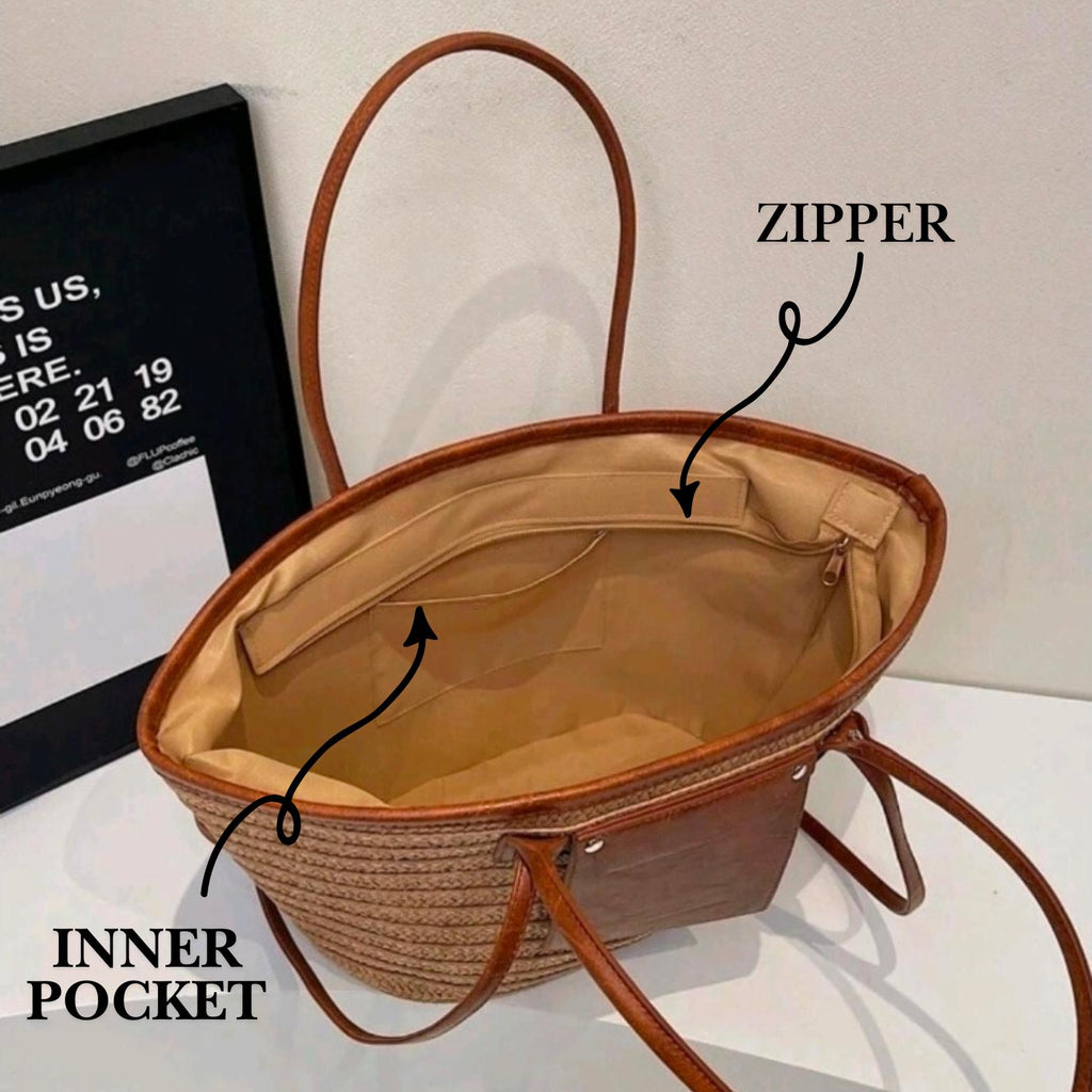 Large Capacity Khaki Woven Tote Bag | Palm Straw Summer Bag for Women | Flechttasche | Beach Vacation Shoulder Handbag | Ships from Germany
