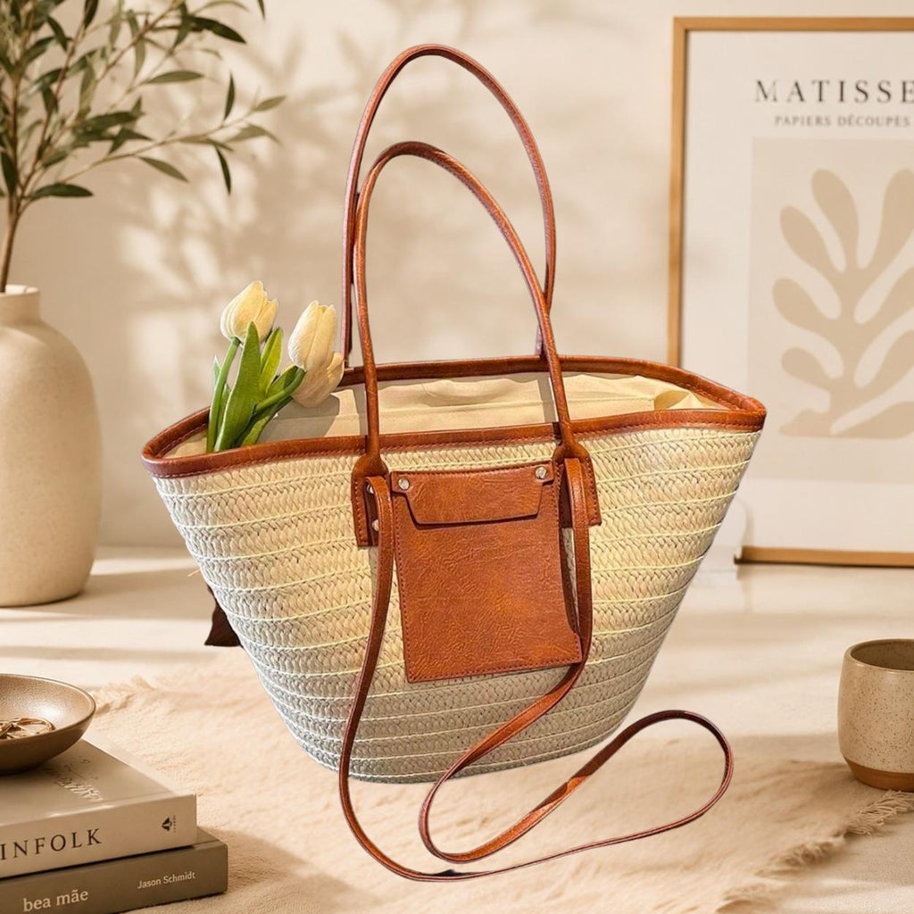 Large Capacity Cream Woven Tote Bag | Palm Straw Summer Bag for Women | Flechttasche | Beach Vacation Natural Braided Raffia Straw-Handbag