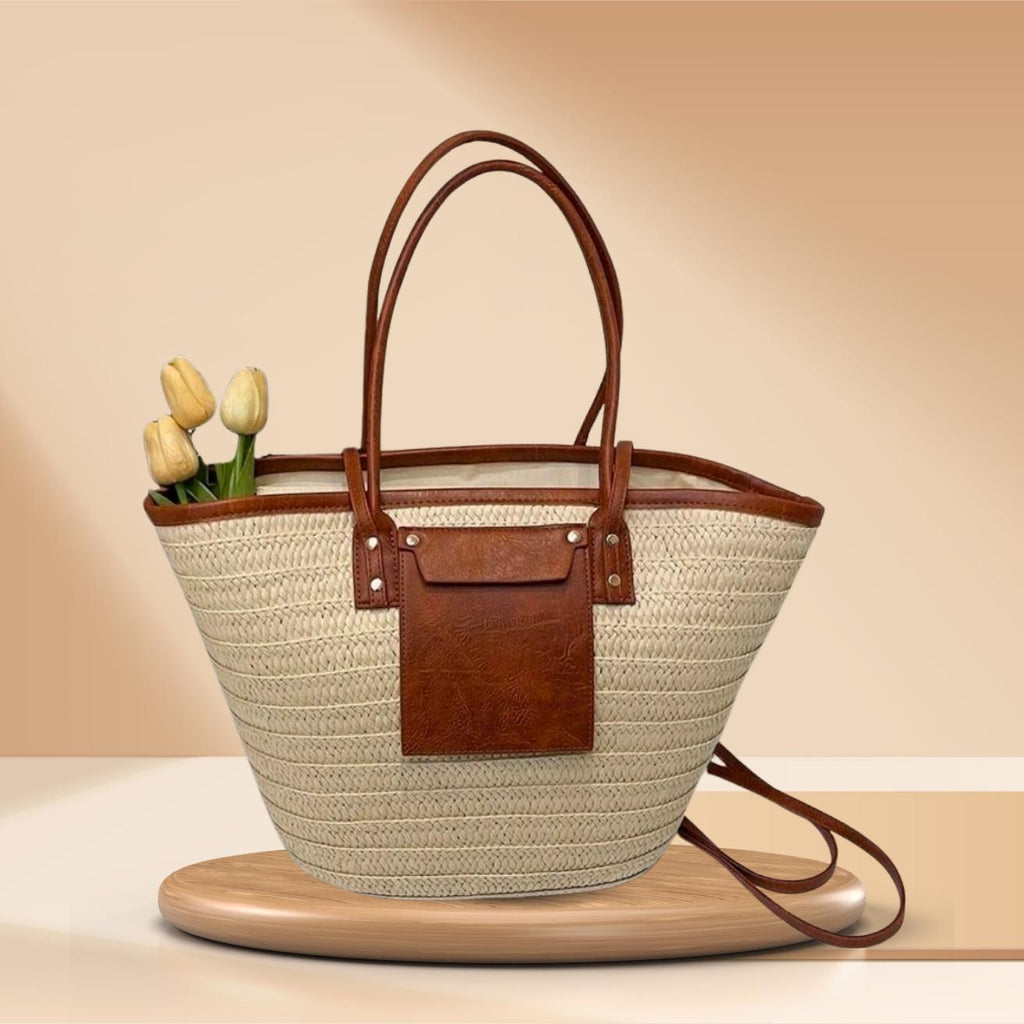 Large Capacity Cream Woven Tote Bag | Palm Straw Summer Bag for Women | Flechttasche | Beach Vacation Natural Braided Raffia Straw-Handbag