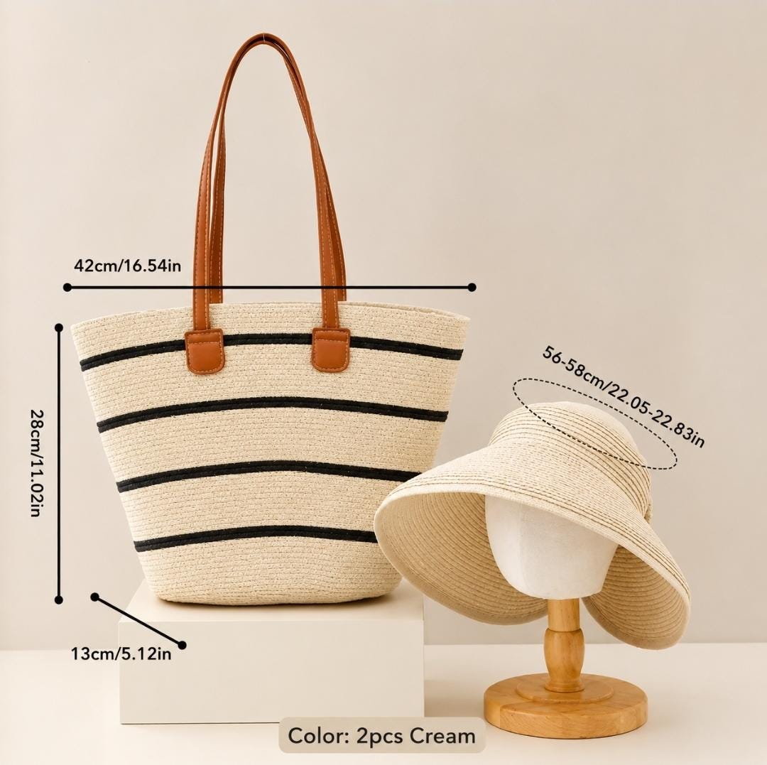 Straw Bag for Women | Striped Woven Straw Beach Tote Bag | Flechttasche | Optional Matching Visor Foldable Hat Set | Ships from Germany