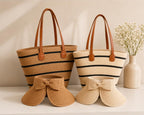 Straw Bag for Women | Striped Woven Straw Beach Tote Bag | Flechttasche | Optional Matching Visor Foldable Hat Set | Ships from Germany