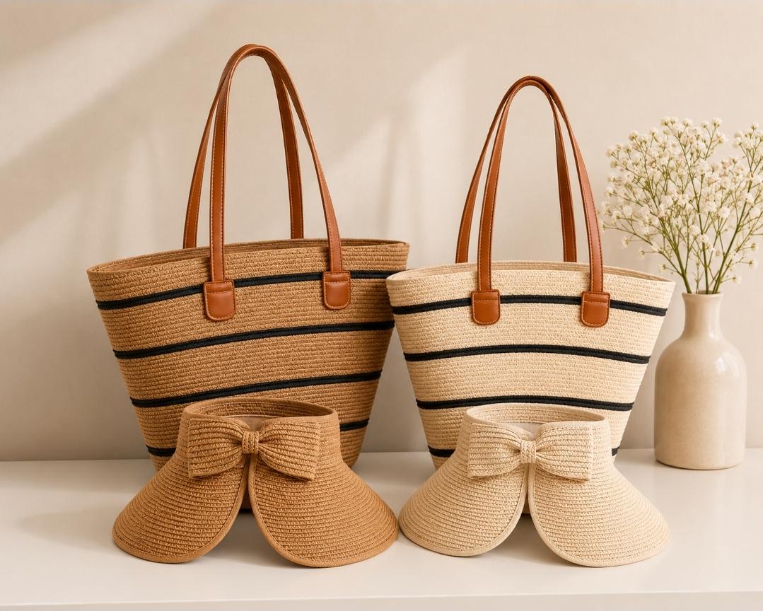 Straw Bag for Women | Striped Woven Straw Beach Tote Bag | Flechttasche | Optional Matching Visor Foldable Hat Set | Ships from Germany