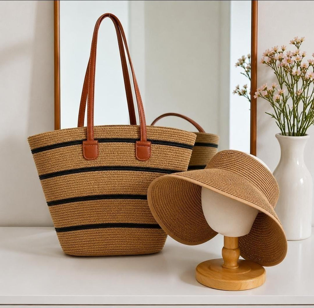 Straw Bag for Women | Striped Woven Straw Beach Tote Bag | Flechttasche | Optional Matching Visor Foldable Hat Set | Ships from Germany