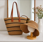 Straw Bag for Women | Striped Woven Straw Beach Tote Bag | Flechttasche | Optional Matching Visor Foldable Hat Set | Ships from Germany