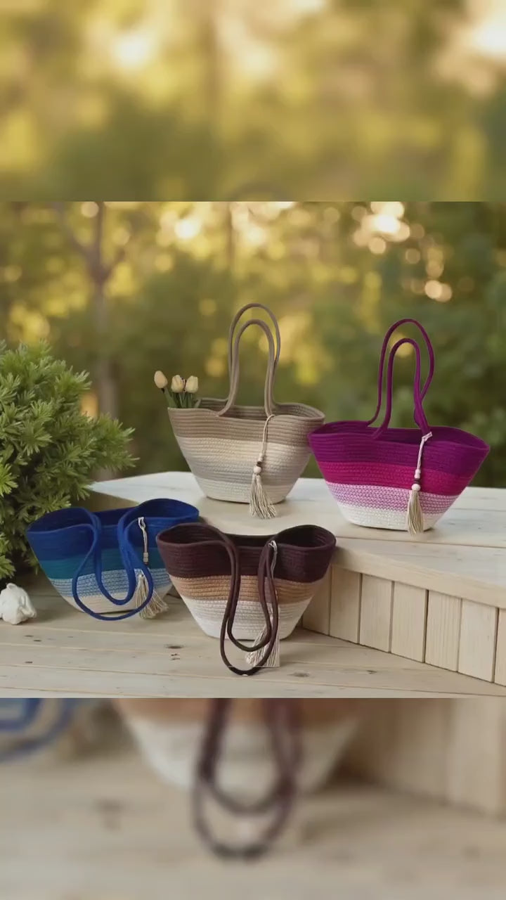 Beach Bag Cotton Rope | Gradient ToteBag with Tassel | Handwoven Flechttasche | Boho-Beach Carryall | Summer Purse Women |Ships from Germany